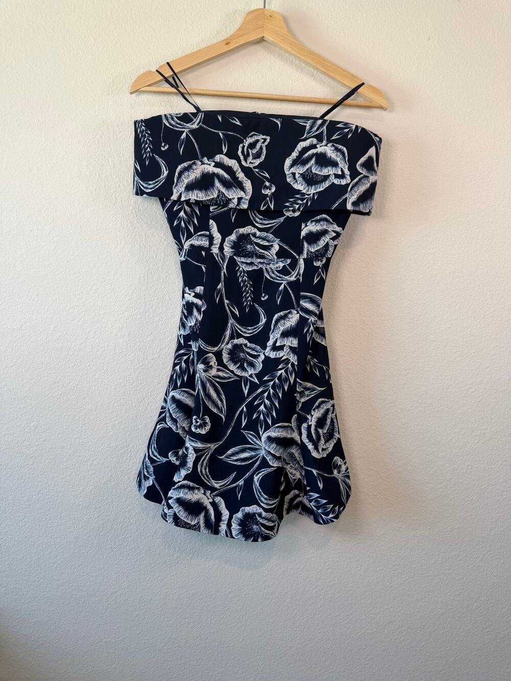 C/MEO Collective Navy White Sketched Floral Off Shoulder Fold Over Mini Dress 6